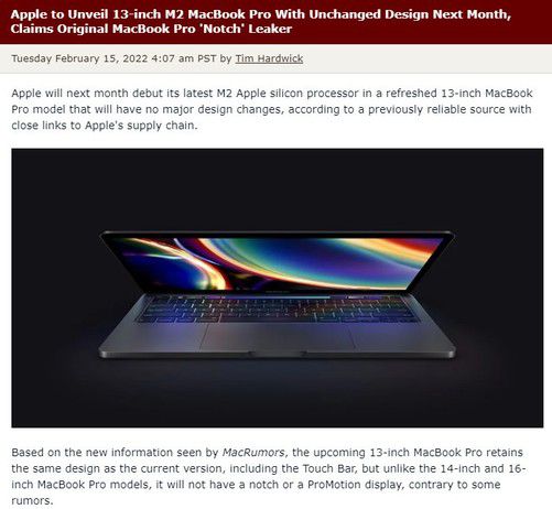 曝苹果下月发布13英寸M2 MacBook Pro 没有刘海屏  