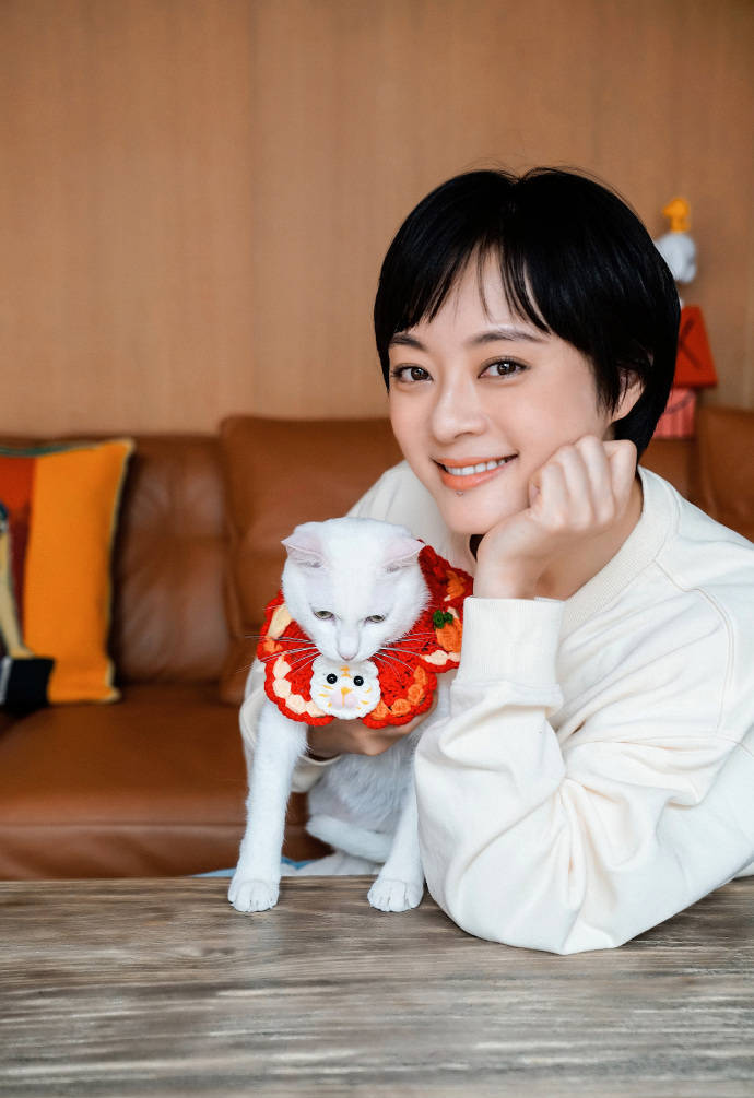 孙俪与领养猫咪合照 穿白色卫衣气质温柔 