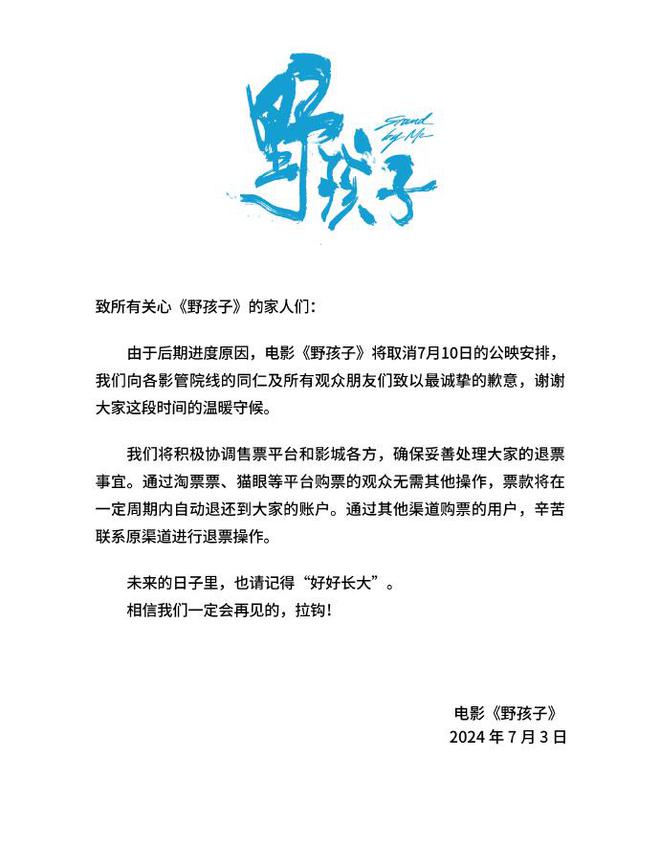 电影《野孩子》官宣撤档：后期进度原因