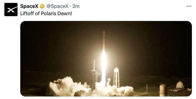 SpaceX：执行首次私人太空行走任务的载人飞船发射升空