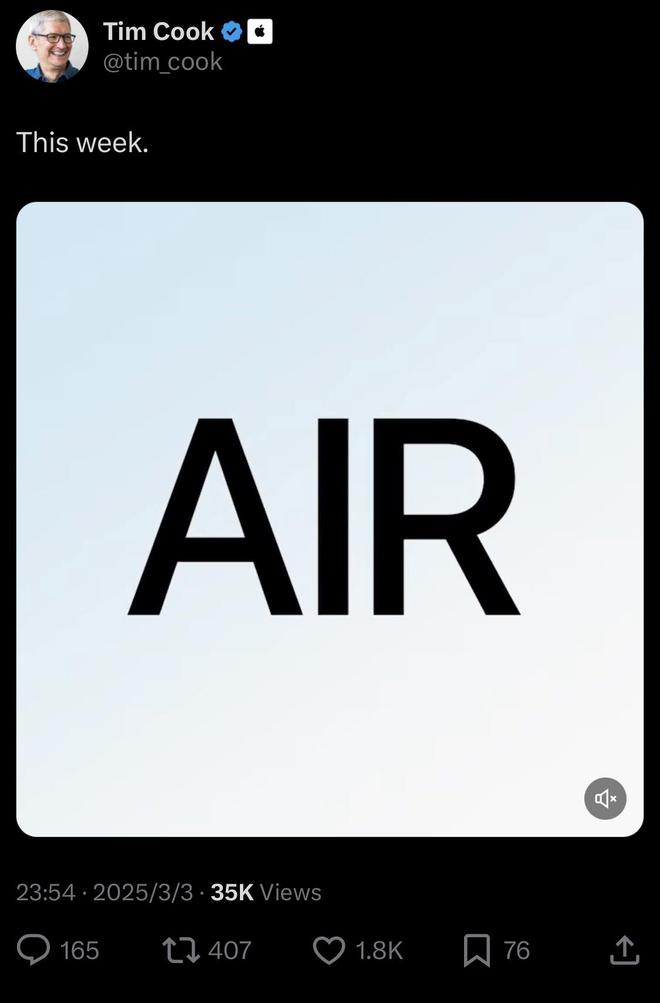 库克官宣本周苹果Air新品，M4芯片MacBook Air要来了？