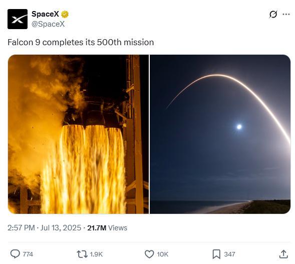 问世15年，SpaceX猎鹰9号完成第500次发射