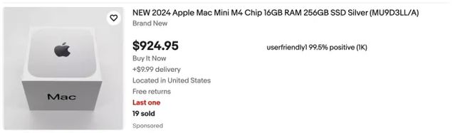 AI需求致苹果M4 Mac mini基础款缺货,二手平台溢价严重
